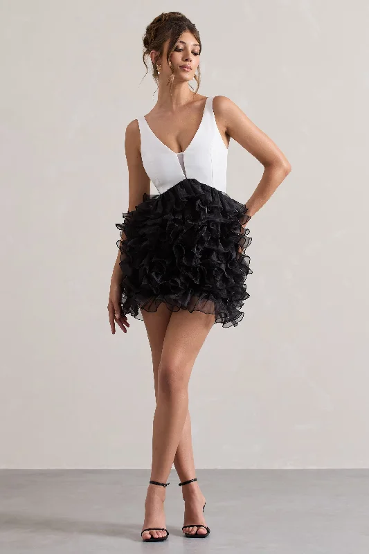 Sequined mini dresses for New Year's Eve Riot | Black & White Plunge-Neck Mini Dress With Organza Skirt Sequined mini dresses for New Year's Eve Riot | Black & White Plunge-Neck Mini Dress With Organza Skirt