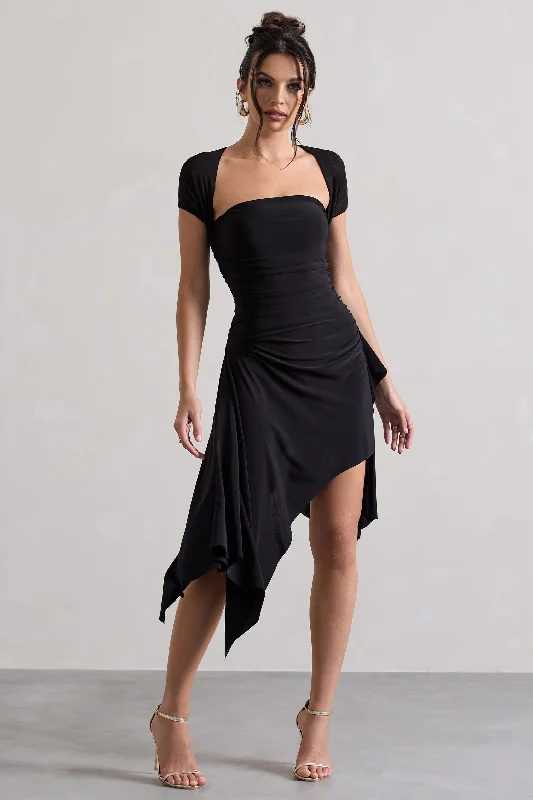 Mini dresses with geometric prints for a modern aesthetic Corsica | Black Gathered Mesh Long-Sleeve Draped Mini Dress