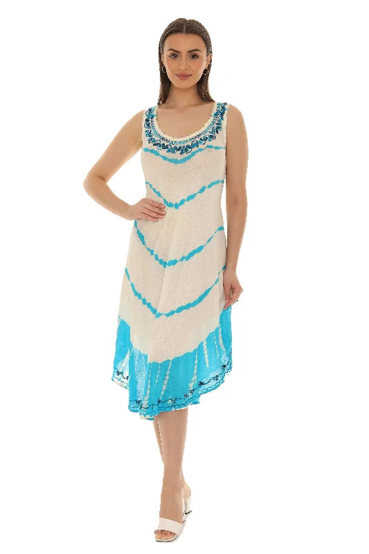 Midi dresses with gathered skirts for a full and flowing silhouette Tie-Dye Sleeveless Midi Rayon Sundress Midi dresses with gathered skirts for a full and flowing silhouette Tie-Dye Sleeveless Midi Rayon Sundress