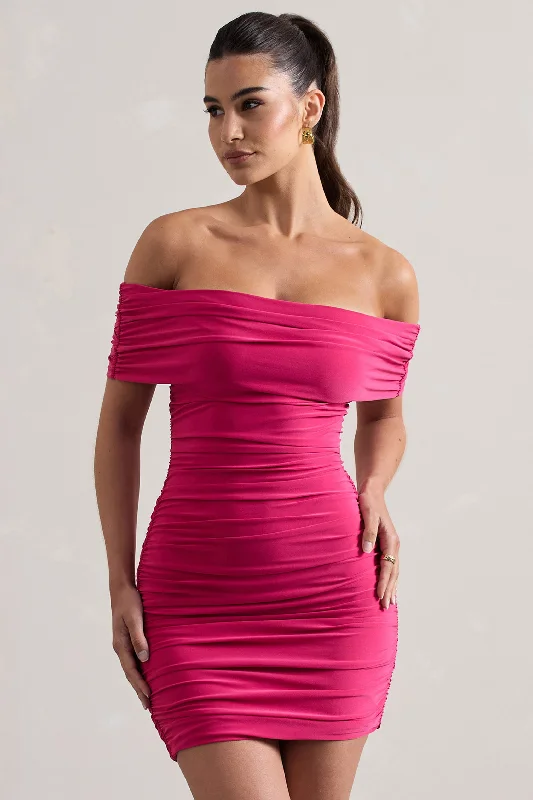 Mini dresses with fringe for a bohemian style Zeta | Dark Pink Bodycon Bardot Mini Dress Mini dresses with fringe for a bohemian style Zeta | Dark Pink Bodycon Bardot Mini Dress