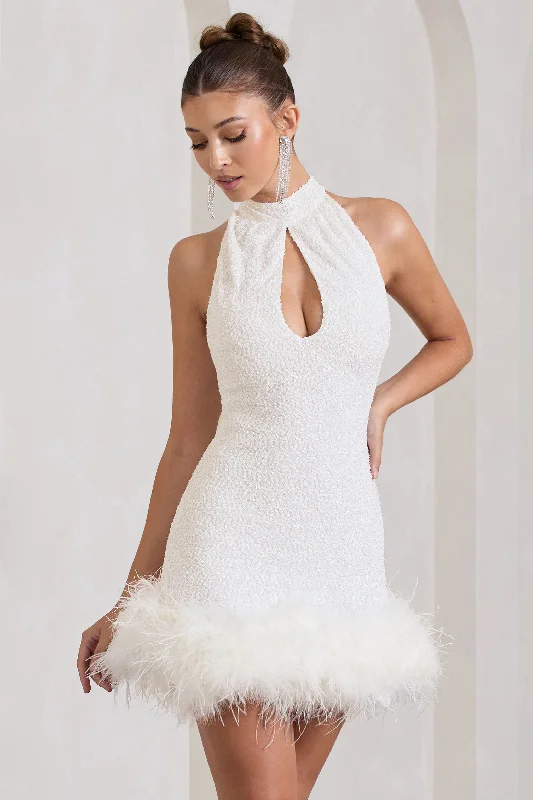Mini dresses with cold - shoulder designs Tillie | White Sequin High Neck Trapeze Mini Dress With Feather Hem Detail Mini dresses with cold - shoulder designs Tillie | White Sequin High Neck Trapeze Mini Dress With Feather Hem Detail
