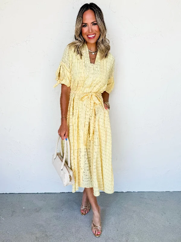 Midi dresses with off - the - shoulder necklines for a flirty look Trending in Texture Pleated Midi Dress-Lemon Midi dresses with off - the - shoulder necklines for a flirty look Trending in Texture Pleated Midi Dress-Lemon