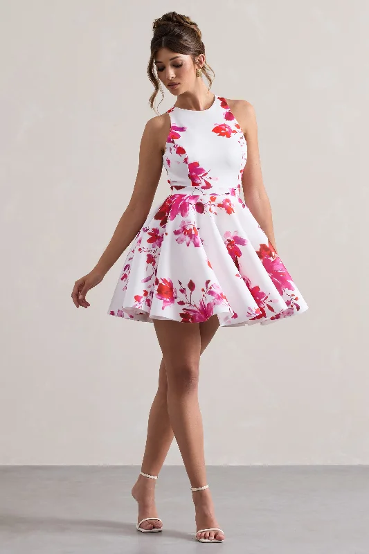 Mini dresses with bow accents for a sweet look Waverly | Pink Floral Racer-Neck Sleeveless Skater Mini Dress Mini dresses with bow accents for a sweet look Waverly | Pink Floral Racer-Neck Sleeveless Skater Mini Dress