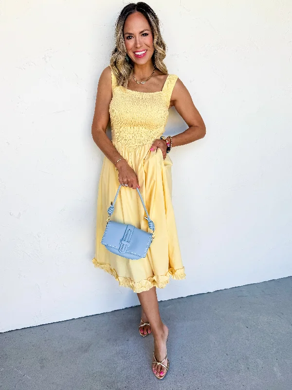 Midi dresses with wrap - around skirts for a customizable fit Leisurely Strolls Smocked Cut Out Back Midi Dress Midi dresses with wrap - around skirts for a customizable fit Leisurely Strolls Smocked Cut Out Back Midi Dress