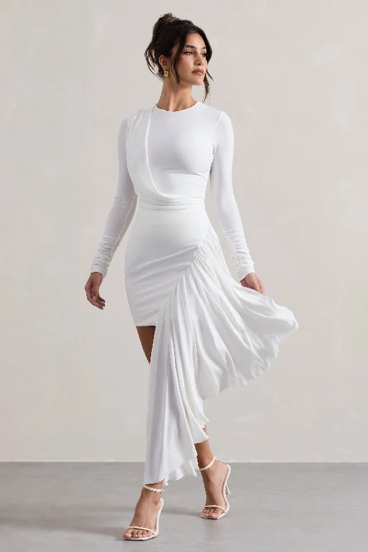 Linen mini dresses for a breathable summer option Tate | White Long-Sleeve Wrap Mini Dress With Drape Linen mini dresses for a breathable summer option Tate | White Long-Sleeve Wrap Mini Dress With Drape