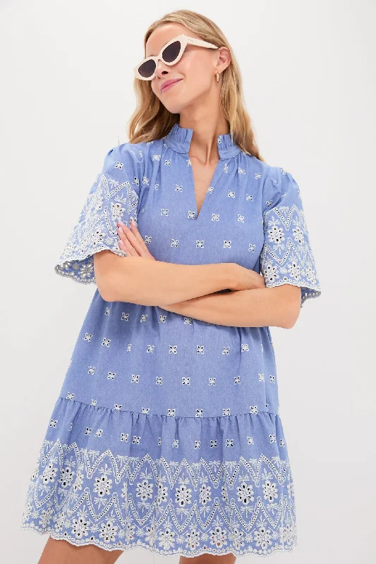 Midi dresses with mesh inserts for a trendy and breathable option Chambray Embroidered Crawford Dress Midi dresses with mesh inserts for a trendy and breathable option Chambray Embroidered Crawford Dress