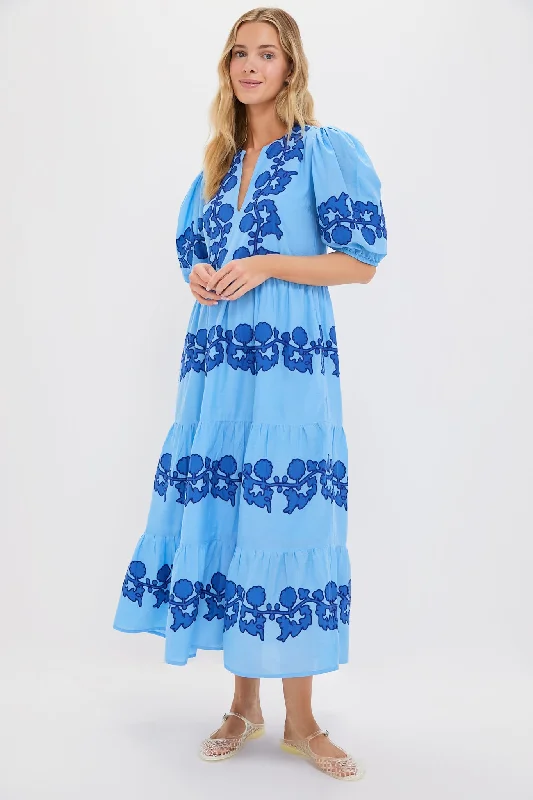 Midi dresses with tiered skirts for a bohemian festival look Tangier Blue Puff Sleeve Maxi Dress Midi dresses with tiered skirts for a bohemian festival look Tangier Blue Puff Sleeve Maxi Dress