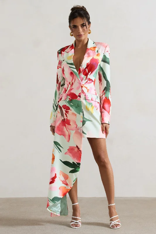 Satin mini dresses for a luxurious feel Spiral | Mint Floral Tailored Blazer Mini Dress With Asymmetric Hem
