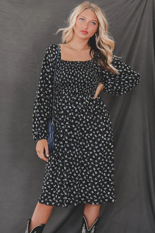 A - line midi dresses with floral prints for spring brunches A Blushing Babe Black And Blue Floral Midi Dress A - line midi dresses with floral prints for spring brunches A Blushing Babe Black And Blue Floral Midi Dress