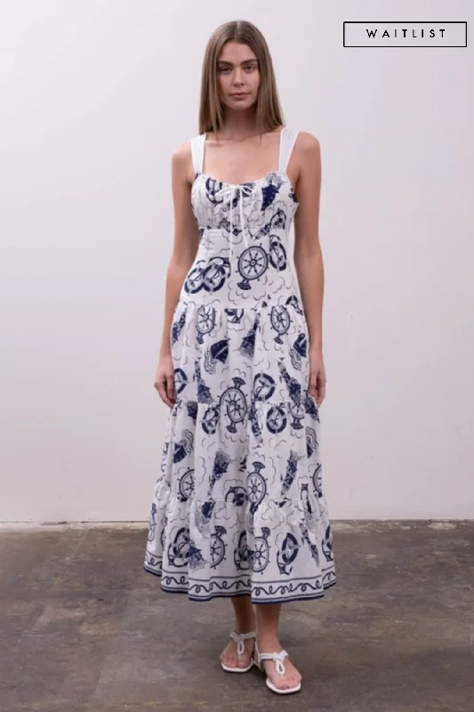 Midi dresses with printed lining for a hidden and stylish detail Waitlist 4/5 ♥ Liz Sleeveless Sailor Print Tiered Midi Dress White Midi dresses with printed lining for a hidden and stylish detail Waitlist 4/5 ♥ Liz Sleeveless Sailor Print Tiered Midi Dress White