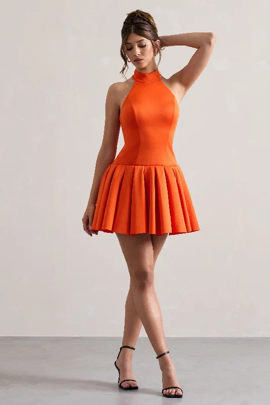 Mini dresses with pom - pom trims for a playful feel Masterpiece | Orange High-Neck Mini Dress With Volume Hem Mini dresses with pom - pom trims for a playful feel Masterpiece | Orange High-Neck Mini Dress With Volume Hem