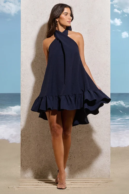 Mini dresses with high - low hems for a modern twist August | Navy Halter-Neck Smock Mini Dress Mini dresses with high - low hems for a modern twist August | Navy Halter-Neck Smock Mini Dress