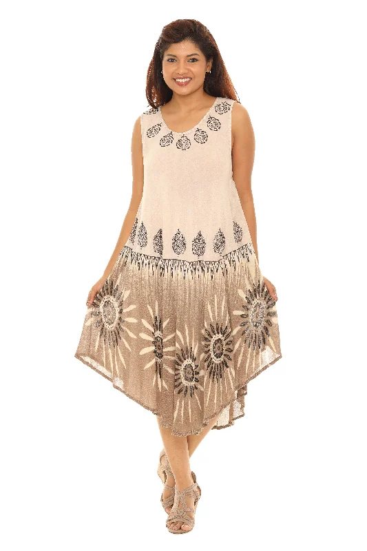 Midi dresses with pom - pom trims for a playful and festive look Leaf & Floral Print Midi Rayon Sundress Midi dresses with pom - pom trims for a playful and festive look Leaf & Floral Print Midi Rayon Sundress