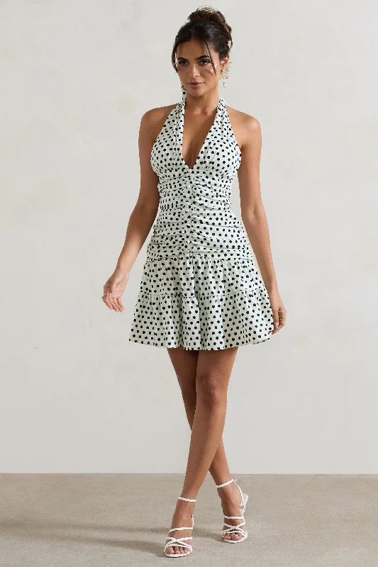Mini dresses with mesh panels for a sexy and trendy look Verde | White Polka Dot V-Neck Ruched Mini Dress With Flared Hem