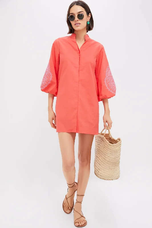 Midi dresses with cold - shoulder cutouts for a trendy style Coral with Lavender Embroidery Mini Wisteria Caftan Midi dresses with cold - shoulder cutouts for a trendy style Coral with Lavender Embroidery Mini Wisteria Caftan