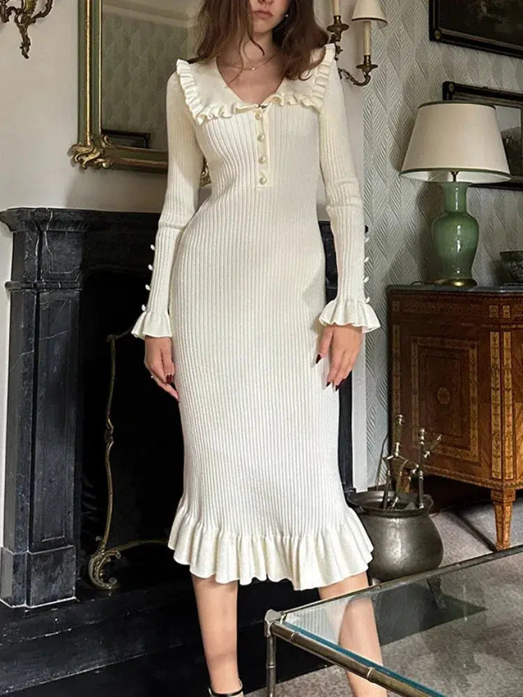 Midi dresses with V - necklines for a flattering and elongating effect Peter Pan Collar Ribbed Midi Dress Midi dresses with V - necklines for a flattering and elongating effect Peter Pan Collar Ribbed Midi Dress