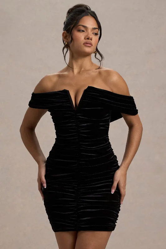 Mini dresses with ribbed textures for a unique appearance Little Glint | Black Velvet Ruched Bardot V-Neck Mini Dress