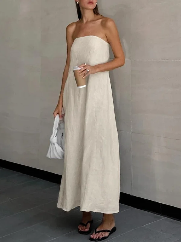 Midi dresses with mesh inserts for a trendy and breathable option Strapless Linen Midi Dress Midi dresses with mesh inserts for a trendy and breathable option Strapless Linen Midi Dress