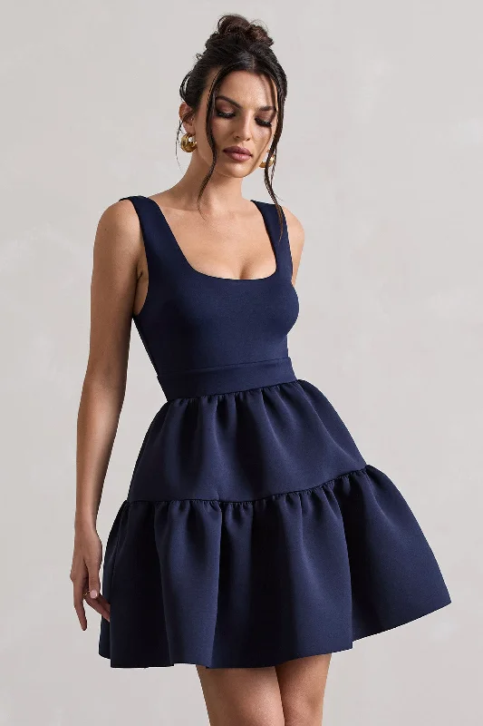 Metallic mini dresses for a glamorous event Alia | Navy Scoop-Neck Tiered Volume Hem Mini Dress