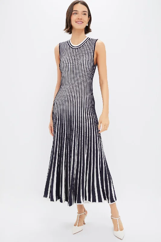 Midi dresses with tiered skirts for a bohemian festival look Navy Stripe Knit Amie Dress Midi dresses with tiered skirts for a bohemian festival look Navy Stripe Knit Amie Dress