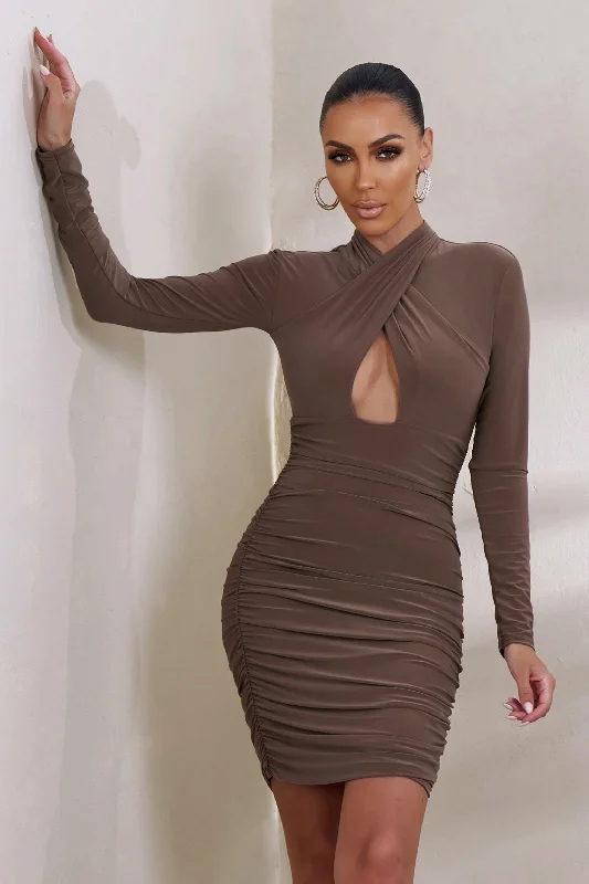 Mini dresses with geometric prints for a modern aesthetic Sofia | Brown Cut Out Ruched Mini Dress With Open Back Detail Mini dresses with geometric prints for a modern aesthetic Sofia | Brown Cut Out Ruched Mini Dress With Open Back Detail