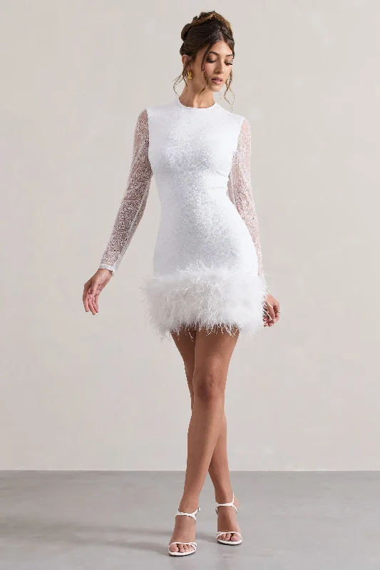 Mini dresses with geometric prints for a modern aesthetic Mariana | White Lace Long-Sleeve Mini Dress With Feather Trim Mini dresses with geometric prints for a modern aesthetic Mariana | White Lace Long-Sleeve Mini Dress With Feather Trim
