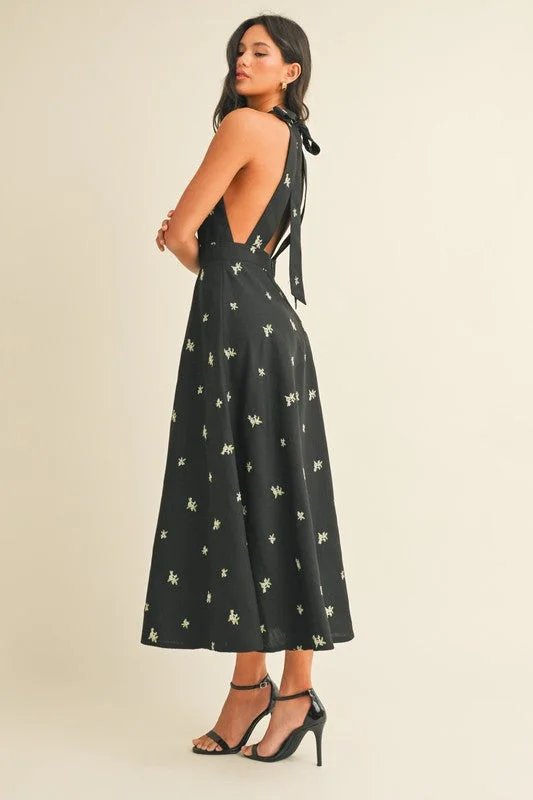 Wrap - style midi dresses in silk for a sophisticated office look Steph Sleeveless Halter Floral Print Midi Dress Black Wrap - style midi dresses in silk for a sophisticated office look Steph Sleeveless Halter Floral Print Midi Dress Black