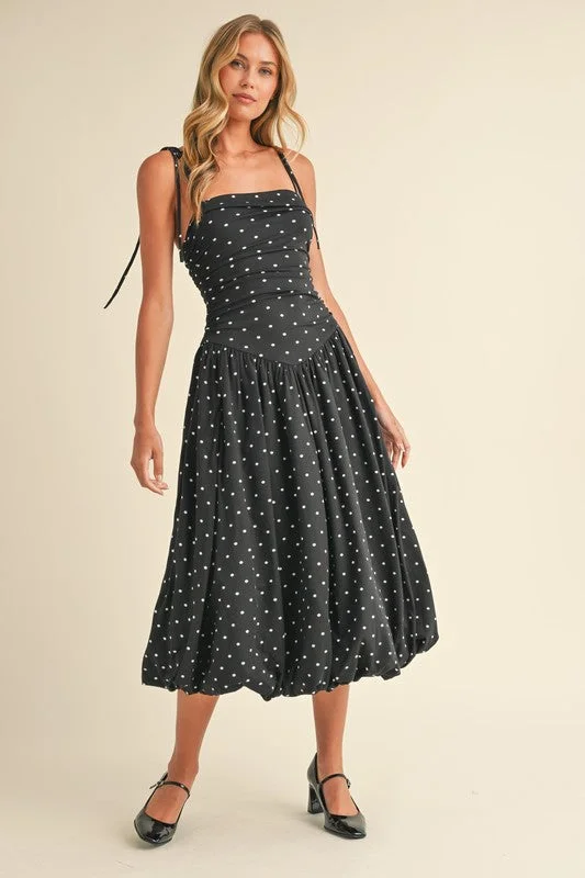 Midi dresses with animal prints for a bold and confident appearance Everly Sleeveless Shoulder Tie Polka Dot Print Bubble Midi Dress Black