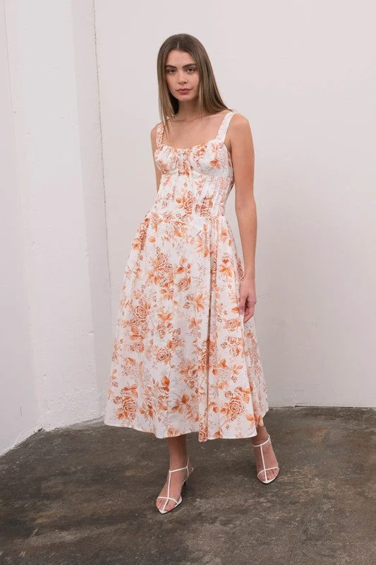 Midi dresses with V - necklines for a flattering and elongating effect Maggie Sleeveless Corset Floral Print Midi Dress Ivory Midi dresses with V - necklines for a flattering and elongating effect Maggie Sleeveless Corset Floral Print Midi Dress Ivory