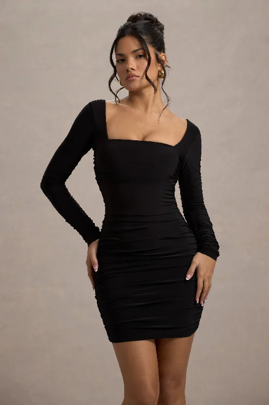 Mini dresses with asymmetric hems for a fashion - forward look Muse | Black Long Sleeve Square Neck Ruched Mini Dress Mini dresses with asymmetric hems for a fashion - forward look Muse | Black Long Sleeve Square Neck Ruched Mini Dress