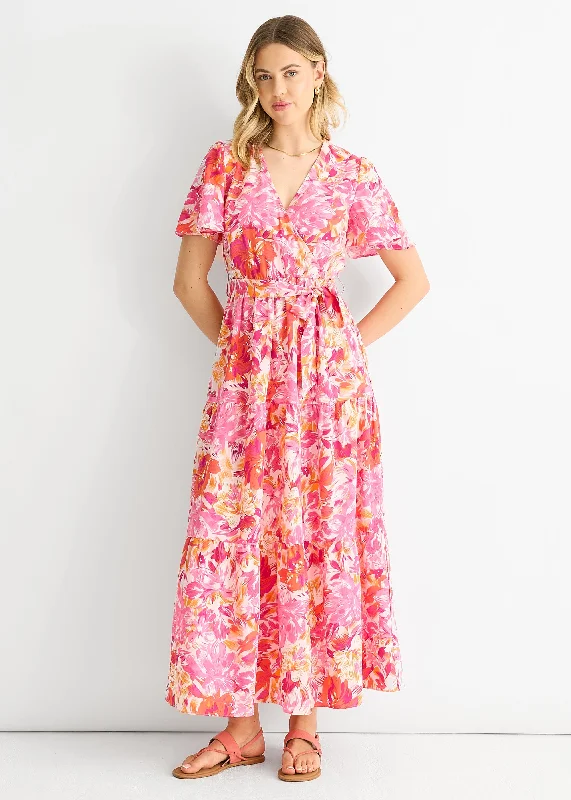 Midi dresses with side slits for a sexy and elegant appearance Red Floral Wrap Belted Midi Dress