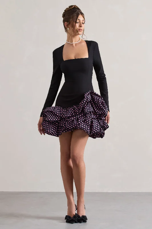Velvet mini dresses for autumn weddings Surreal | Black Polka Dot Square-Neck Mini Dress With Ruffles