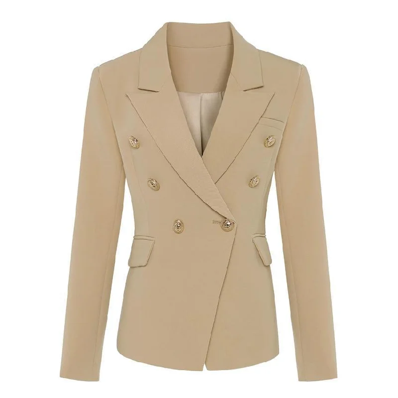Plus Size Women's Double - Breasted Wool Blazers for Winter Office WearOn Duty Khaki Blazer Women - Casual - Plain-Solid
