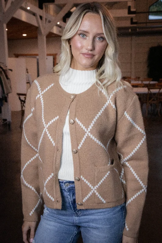v neck women cardigan to elongate the necklineArgyle Thick Knit Cardigan, Brown/Ivory