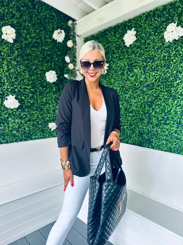 Women's Notched Lapel Blazers in Beige for a Timeless OutfitBaily Ruched Sleeve Blazer Black Women's Notched Lapel Blazers in Beige for a Timeless OutfitBaily Ruched Sleeve Blazer Black