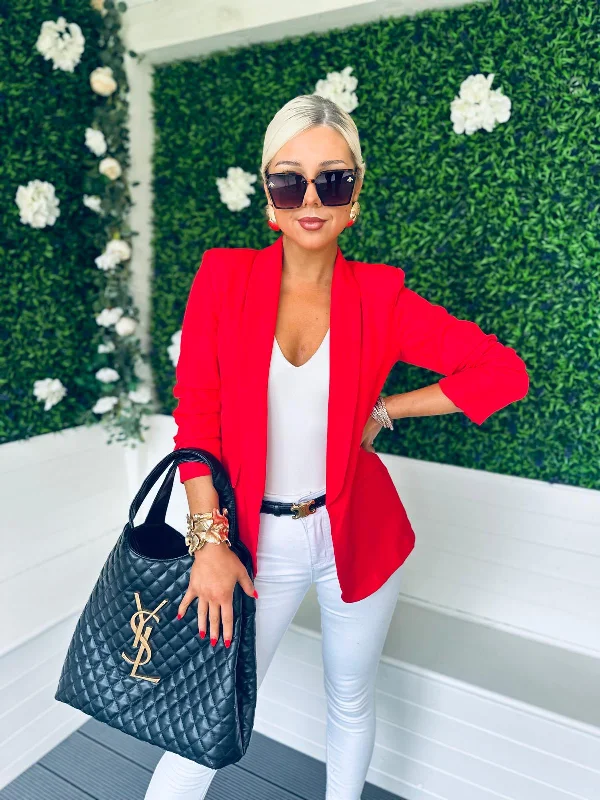 Women's Tailored Stretch Blazers in Navy Blue for Business MeetingsBaily Ruched Sleeve Blazer Red Women's Tailored Stretch Blazers in Navy Blue for Business MeetingsBaily Ruched Sleeve Blazer Red