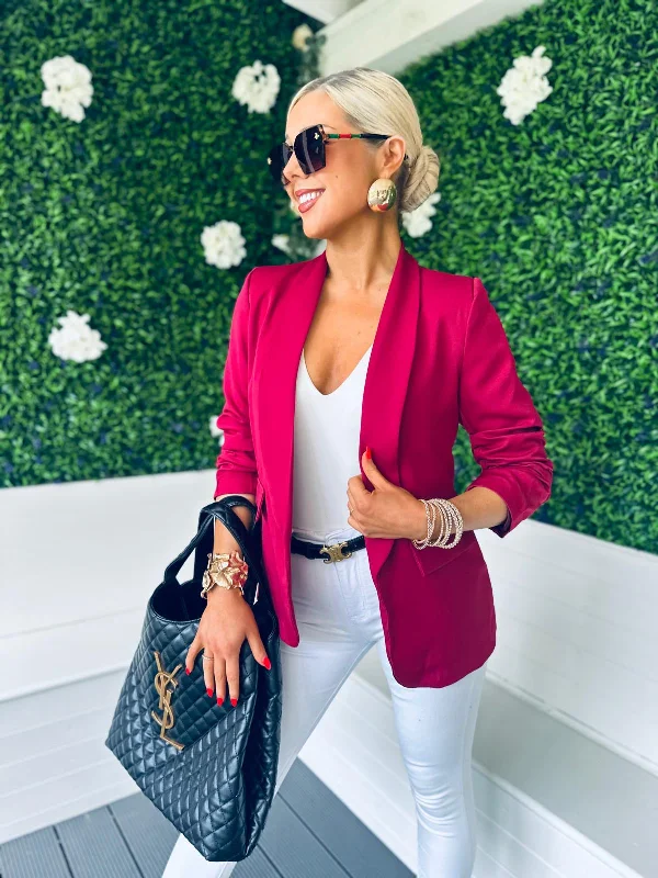 Single - Breasted Women's Linen Blend Blazers in Earth Tones for Casual WearBaily Ruched Sleeve Blazer Wine Single - Breasted Women's Linen Blend Blazers in Earth Tones for Casual WearBaily Ruched Sleeve Blazer Wine