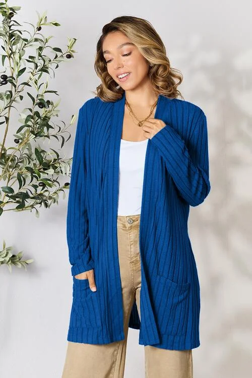 color block women cardigan with bold huesRibbed Open Front Cardigan with Pockets