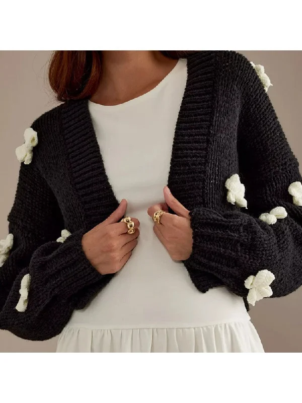 hand knitted women cardigan with artisanal charmBow Colorblock Lantern Sleeve Cardigan hand knitted women cardigan with artisanal charmBow Colorblock Lantern Sleeve Cardigan