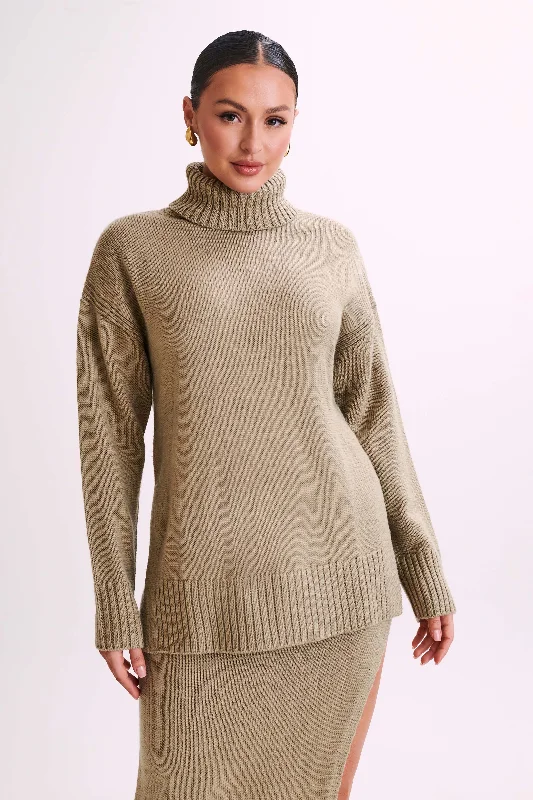 hand knitted women cardigan with artisanal charmBrittany High Neck Knit Jumper - Taupe hand knitted women cardigan with artisanal charmBrittany High Neck Knit Jumper - Taupe