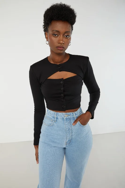 open front women cardigan for easy stylingBUTTON UP CUT OUT TOP