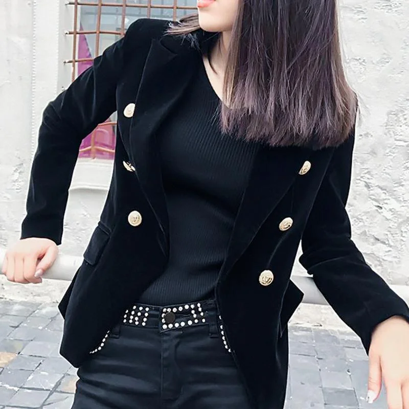 Plus Size Women's Double - Breasted Wool Blazers for Winter Office WearAristocratic Velvet Blazer Women - Casual - Plain-Solid