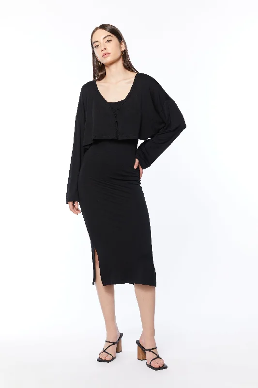 ribbed women cardigan with a classic textureCROPPED CARDIGAN AND DRESS SET