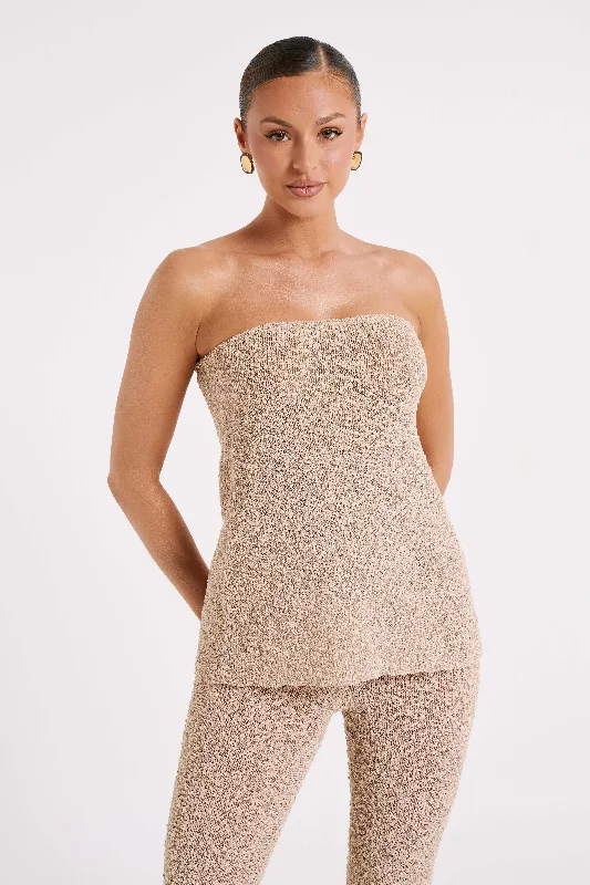 v neck women cardigan to elongate the necklineIrma Strapless Boucle Top - Wheat