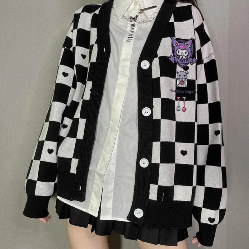cable knit women cardigan with intricate patternsKuromi Buttoned Black Cardigan