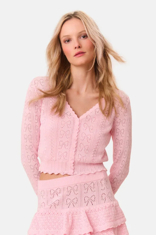 hand knitted women cardigan with artisanal charmPetra Bow Pointelle Cardigan Ballerina Pink hand knitted women cardigan with artisanal charmPetra Bow Pointelle Cardigan Ballerina Pink