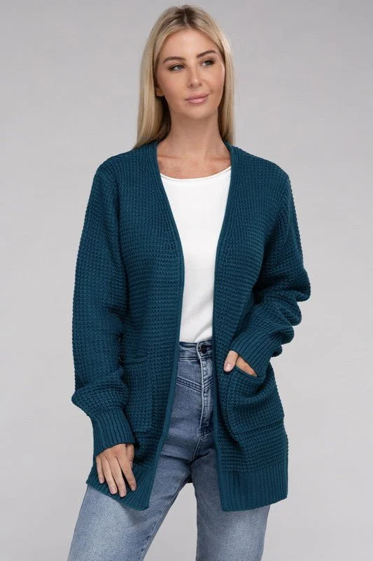 machine washable women cardigan for easy careWaffle Open Cardigan Sweater