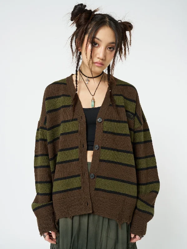 color block women cardigan with bold huesNeesa Brown & Green Stripe Knit Cardigan