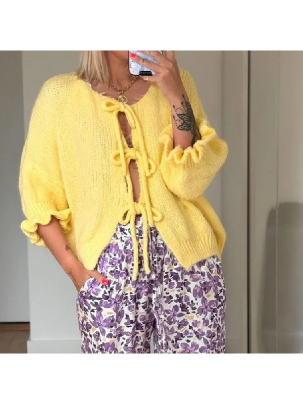 long length women cardigan with side slitsPure Color Ruffle Edge Lace Up Cardigan