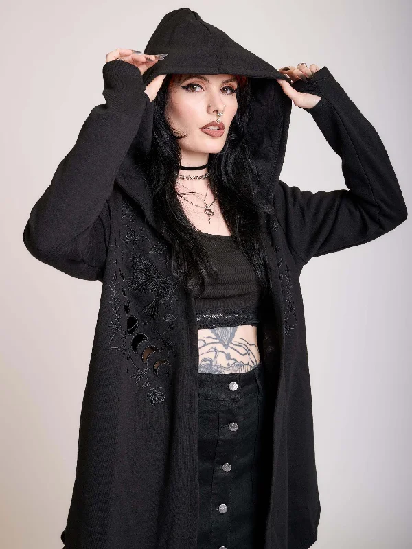 long length women cardigan with side slitsRaven Embroidered Cloak